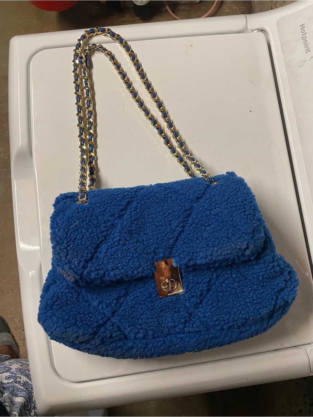 JustFab Blue Faux Shearling Chain Shoulder Bag with Gold Hardware